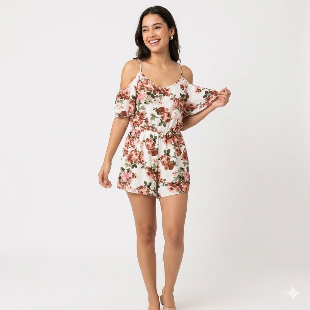 Scobe Boho Floral Romper Pink Roses Cottagecore Cold Shoulder Flutter Sleeve L